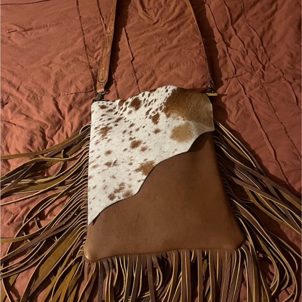 American Darling Tan and White Crossbody Bag with Fringe